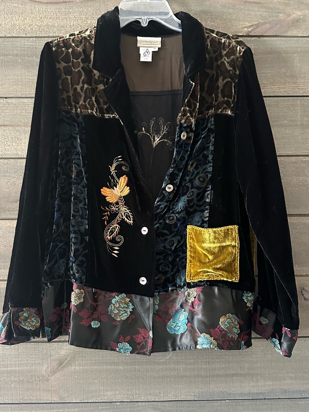 COLDWATER CREEK Velvet Embroidered Patchwork Button-Front Top - Black & Gold - Picture 8 of 9